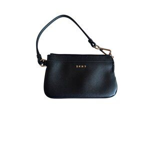 DKNY Black Mini Wristlet Clutch With Gold Logo Accent & Detachable Strap